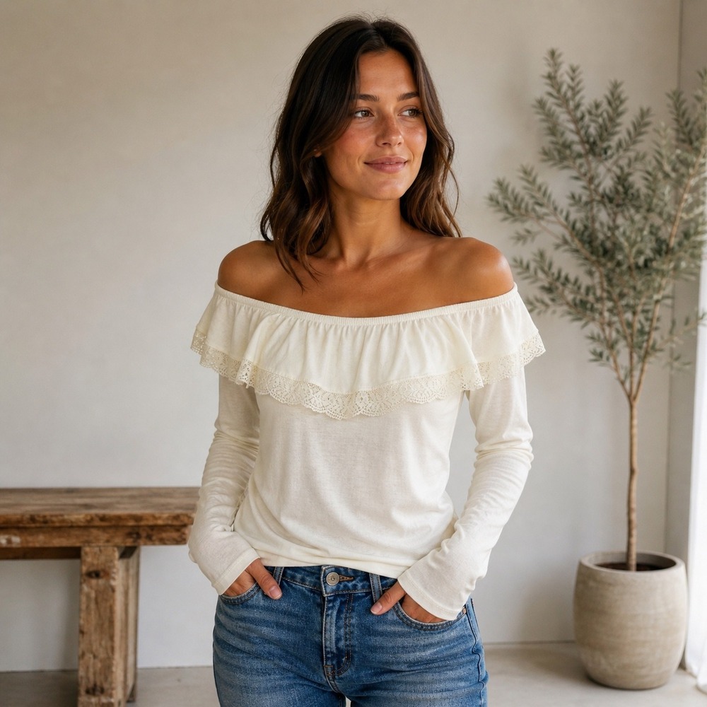 Hollister Cream Off the Shoulder Ruffle Lace Trim Long Sleeve Top Small Ivory‎